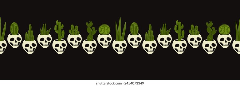 Haunting journey through garden of macabre with our seamless border. Skull shaped pots amidst lush cacti create a chilling yet captivating design perfect for adding an eerie touch to your projects.