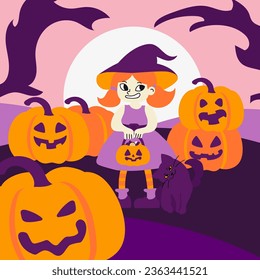 Haunting nightmare Halloween background cartoon horror landscape lonely girl in dark forest hill. vector illustration