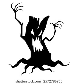 A haunting silhouette of a gnarled tree with menacing branches is set against a white background, creating an eerie and unsettling atmosphere perfect for Halloween