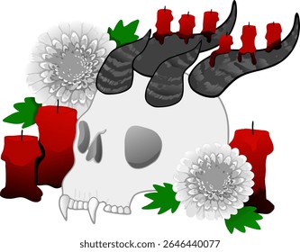 Uma vida morta de assombração com um crânio com chifres cercado por flores, folhas e velas — perfeito para Halloween, fantasia ou arte editorial
