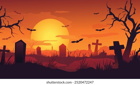 Ein eindringlicher Sonnenuntergang über einem Friedhof mit Fledermäusen, Grabsteinen und knorrigen Bäumen, der eine gespenstische Atmosphäre schafft, die perfekt für Halloween ist.