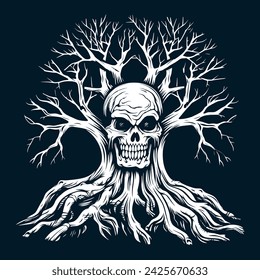 Haunting Tree with Skull - Black and White Gothic Art