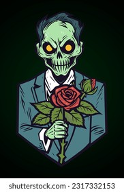 A hauntingly beautiful depiction of zombie romance intertwined with delicate roses, evoking both love and decay in a captivating illustration