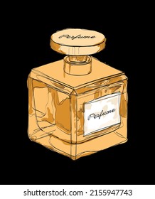 Haute Couture art card. Perfume bottle in vector. Fashion women glamor print. Fashion, style, beauty. Flavor liquid. cosmetic fragrance