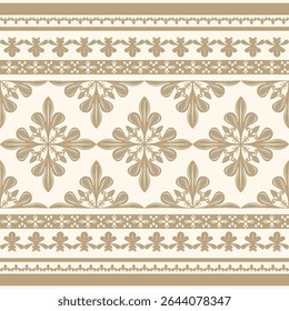 Haute couture golden hand weaves scroll ornament on light beige background. Elegance High Fashion Embroidery Seamless Border Pattern for Expensive Rich Decoration, Interior, Clothes, Lace, Batik, Silk