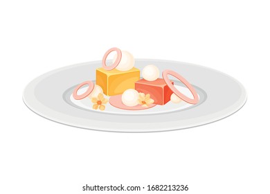 Haute Cuisine with Food Meticulously Prepared and Served on Plate with Fancy Garnish Vector Illustration