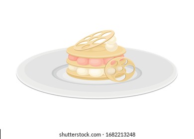 Haute Cuisine or Grande Cuisine with Meticulous Dessert Preparation and Serving on Plate Side View Vector Illustration