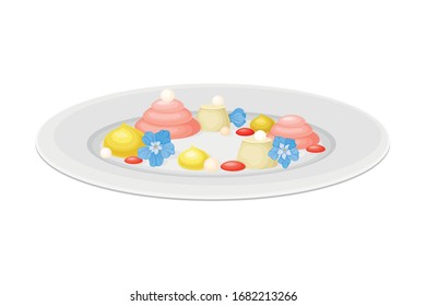 Haute Cuisine or Grande Cuisine with Meticulous Dessert Preparation and Serving on Plate Side View Vector Illustration