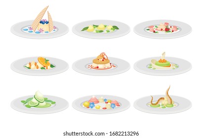 Haute Cuisine or Grande Cuisine with Meticulous Food Preparation and Serving on Plate Side View Vector Set