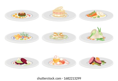Haute Cuisine or Grande Cuisine with Meticulous Food Preparation and Serving on Plate Side View Vector Set