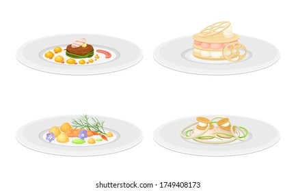 Haute Cuisine or Grande Cuisine with Meticulous Food Preparation and Serving on Plate Side View Vector Set