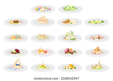 Haute Cuisine or Grande Cuisine with Meticulous Food Preparation and Serving on Plate Side View Big Vector Set