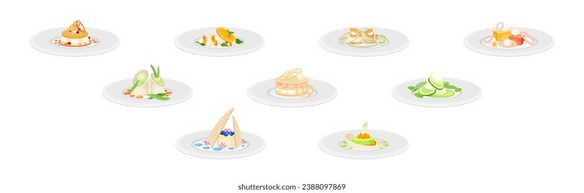 Haute Cuisine or Grande Cuisine with Meticulous Food Serving on Plate Vector Set