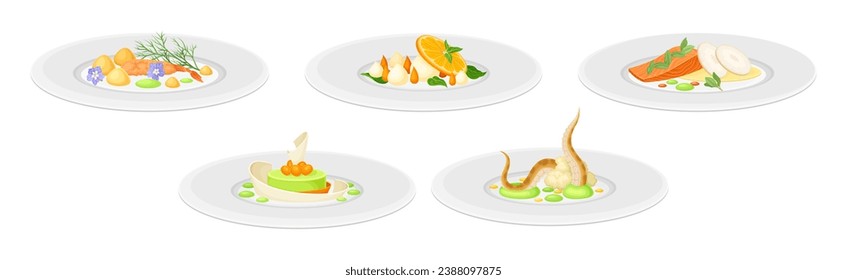 Haute Cuisine or Grande Cuisine with Meticulous Food Serving on Plate Vector Set