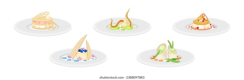 Haute Cuisine or Grande Cuisine with Meticulous Food Serving on Plate Vector Set