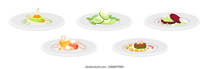 Haute Cuisine or Grande Cuisine with Meticulous Food Serving on Plate Vector Set