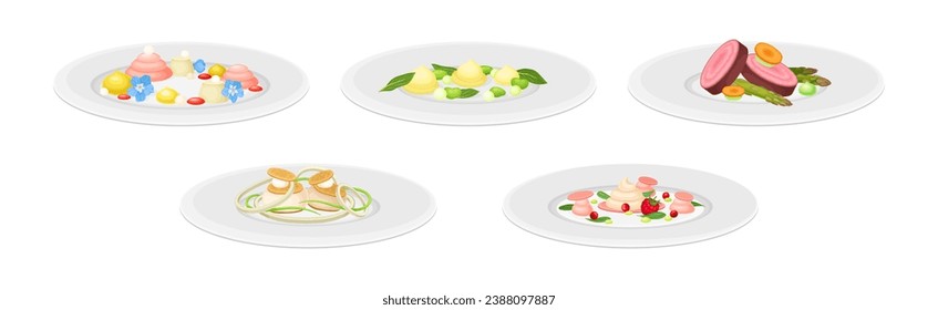 Haute Cuisine or Grande Cuisine with Meticulous Food Serving on Plate Vector Set