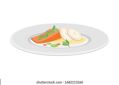 Haute Cuisine with Meticulous Seafood Preparation and Serving on Plate with Fancy Garnish Vector Illustration