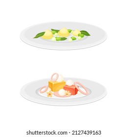 Haute or Grande Cuisine with Meticulous Food Preparation and Serving on Plate with Fancy Garnish Vector Set