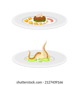 Haute or Grande Cuisine with Meticulous Food Preparation and Serving on Plate with Fancy Garnish Vector Set