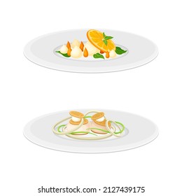 Haute or Grande Cuisine with Meticulous Food Preparation and Serving on Plate with Fancy Garnish Vector Set