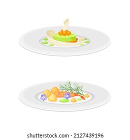 Haute or Grande Cuisine with Meticulous Food Preparation and Serving on Plate with Fancy Garnish Vector Set