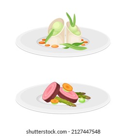 Haute or Grande Cuisine with Meticulous Food Preparation and Serving on Plate with Fancy Garnish Vector Set