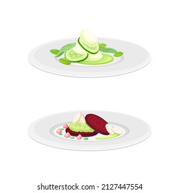 Haute or Grande Cuisine with Meticulous Food Preparation and Serving on Plate with Fancy Garnish Vector Set