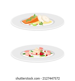 Haute or Grande Cuisine with Meticulous Food Preparation and Serving on Plate with Fancy Garnish Vector Set