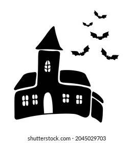 Hauted house with bats in doodle style. Black and white vector illustration on isolated background.