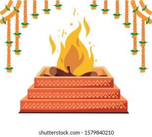 havan, hindu religion spiritual fire vector illustration