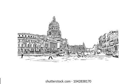 Havana is Cuba’s capital city. Hand drawn sketch illustration in vector.