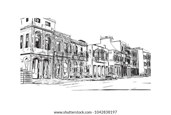 Havana is Cuba’s capital city. Hand drawn sketch\
illustration in vector.