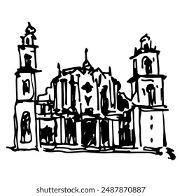 Havana Cathedral, Cuba. Catedral de San Cristóbal. Catholic baroque temple. Hand drawn linear doodle rough sketch. Black and white silhouette.