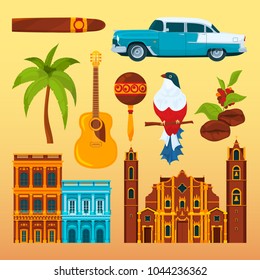 Havana cigar and others differents cultural objects and symbols of Cuba. Vector cuban national landmark, cigar and coffee, bird and palm tree illustration