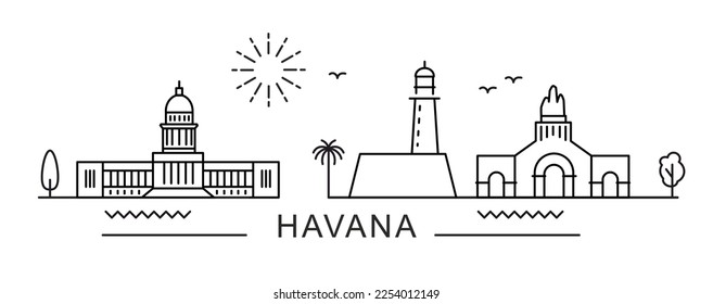 Vista de la línea de la ciudad de La Habana. Diseño mínimo de impresión de afiches. Cuba