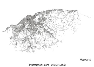 Mapa de la ciudad de La Habana con carreteras y calles, Cuba. Ilustración del contorno del vector.