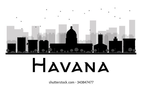 Havana City skyline black and white silhouette. Vector illustration. Simple flat concept for tourism presentation, banner, placard or web site. Business travel concept. Cityscape with famous landmarks