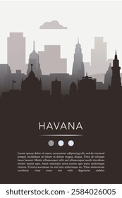 Havana city template for website, presentation, front page, invitation, publication sheet with skyline, landmarks. Vector Cuba image layout, simple and grayscale