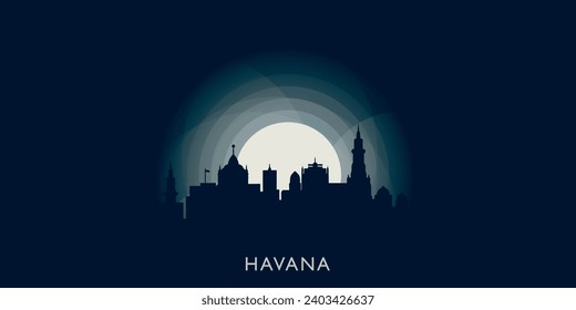 El paisaje urbano de La Habana paisaje de la ciudad panorámica vectorial plana imagen moderna de banner. Ciudad de la región de Cuba emblema idea con monumentos y siluetas de construcción en la noche del amanecer