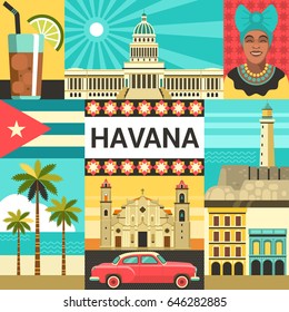 Havana creative poster concept. Vector illustration of Cuban culture and attractions, including retro car, portrait of Cuban Woman, Cathedral and National Capitol Building in trendy flat style.