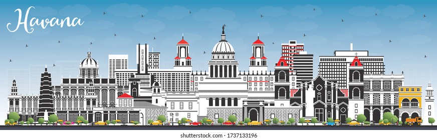 Havana Cuba City Skyline with Color Buildings and Blue Sky. Vector Illustration. Business Travel and Tourism Concept with Historic and Modern Architecture. Havana Cityscape with Landmarks.