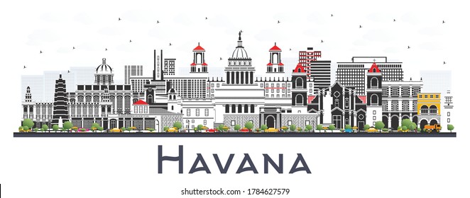 Havana Cuba City Skyline with Color Buildings Isolated on White. Vector Illustration. Business Travel and Tourism Concept with Historic and Modern Architecture. Havana Cityscape with Landmarks.