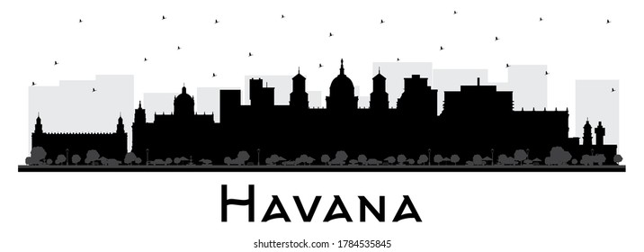 Havana Cuba City Skyline Silhouette with Black Buildings Isolated on White. Vector Illustration. Business Travel and Tourism Concept with Historic and Modern Architecture. Havana Cityscape.