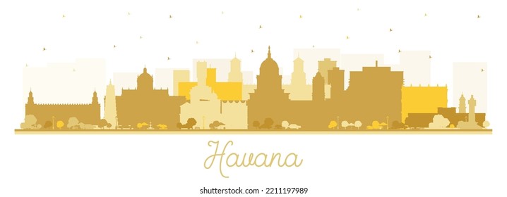 Havana Cuba City Skyline Silhouette with Golden Buildings Isolated on White. Vector Illustration. Tourism Concept with Historic and Modern Architecture. Havana Cityscape with Landmarks.