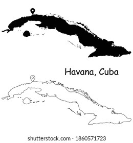 Havana Cuba. Detailed Country Map with Location Pin on Capital City. Black silhouette and outline maps isolated on white background. EPS Vector