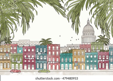 Havana, Cuba - hand drawn colorful illustration of the city with green palm tree branches