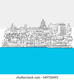 Havana, Cuba, panorama, Blue Series, Hand-drawn Vector Artwork