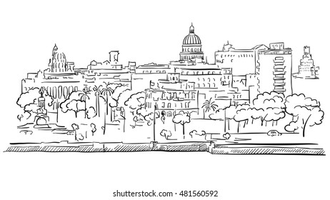 Havana Cuba Panorama Outline Sketch, Hand drawn Vector Outline Artwork