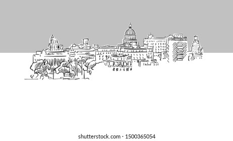 Havana, Cuba Panorama Skyline Vector Sketch. Hand Drawn Illustration on grey background.